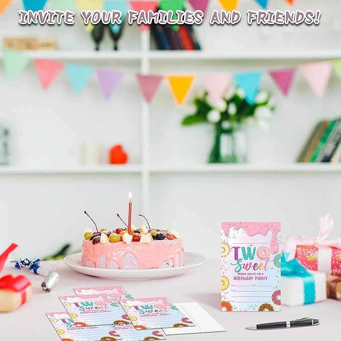 Donut Sweet Two Birthday Party Invitations, 20-Count Donut 2nd Birthday Party Invites With Envelopes-HBYQK-B47