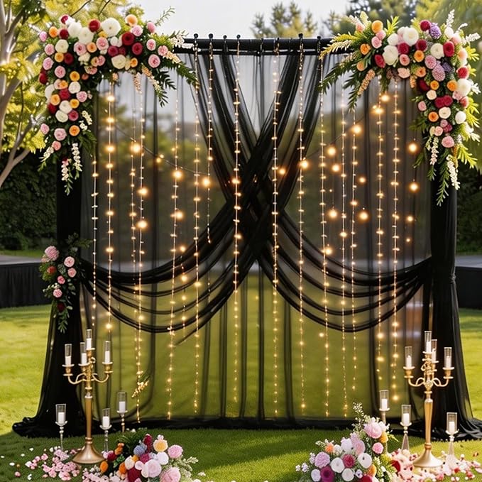 Black Tulle Backdrop Curtain with Lights Strings, Elegant Sheer Photo Backdrop Drapes, Soft Fabric Curtain for Weddings Brithday Parties Photography Background Decor, 10ftx8ft