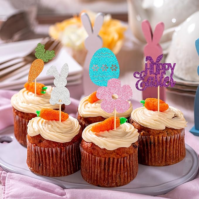 Ercadio 28Pcs Happy Easter Cupcake Toppers Glitter Bunny Easter Eggs Carrot Rabbit Chick Cupcake Picks for Happy Easter Cupcake Decors Easter Baby Shower Birthday Wedding Party Supplies