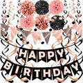 FECEDY Rose Gold Black Theme Happy Birthday Banner Flag Bunting Paper Circle Confetti Garland Swirl Streamers Honeycomb Ball for Birthday Party Decoration
