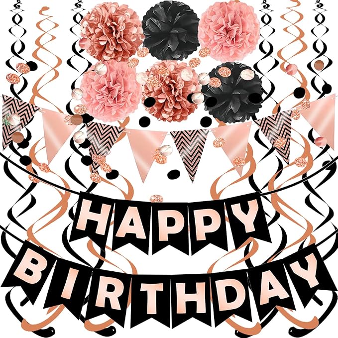 FECEDY Rose Gold Black Theme Happy Birthday Banner Flag Bunting Paper Circle Confetti Garland Swirl Streamers Honeycomb Ball for Birthday Party Decoration