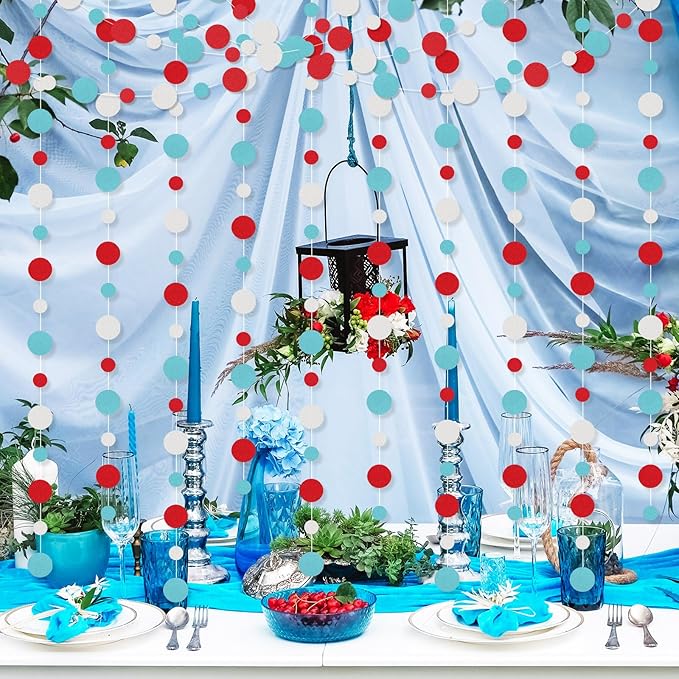 Outus 5 Pieces Colorful Dots Paper Garland Easter Decor Round Glitter Hanging Confetti Streamers Backdrop for Spring Birthday Classroom Halloween Trunk or Treat Car Decoration (Light Blue,White,Red)