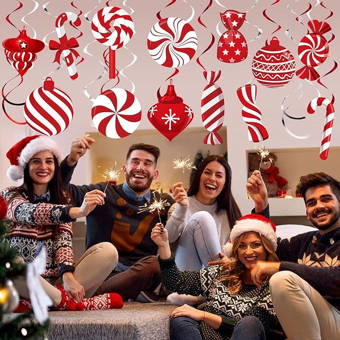 Funrous 56 Pcs Christmas Peppermint Candy Hanging Swirls Decorations Red and White Holiday Party Streamers for Home Winter Holiday Christmas Party Decor(Red White)