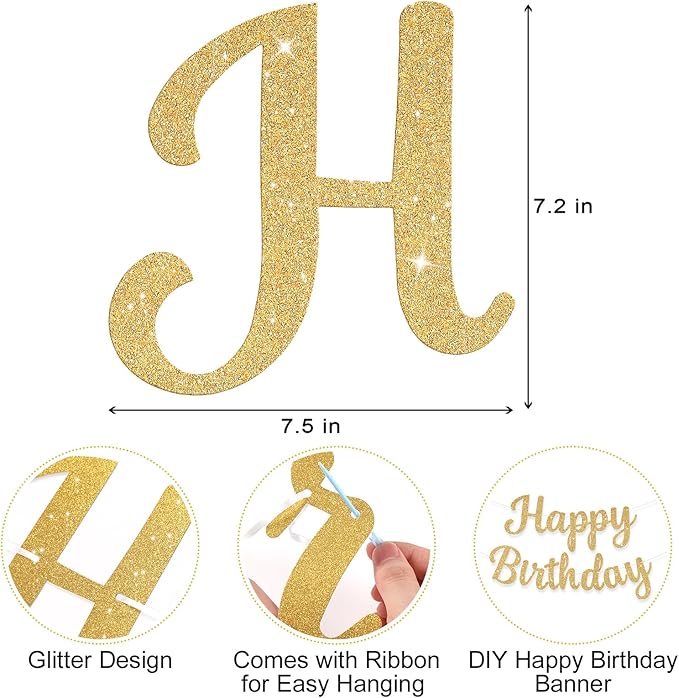 Glitter Happy Birthday Banner Sign Birthday Garland Wall Door Banners Flag for Women Men Boys Girls Party Backdrop Decorations Gold