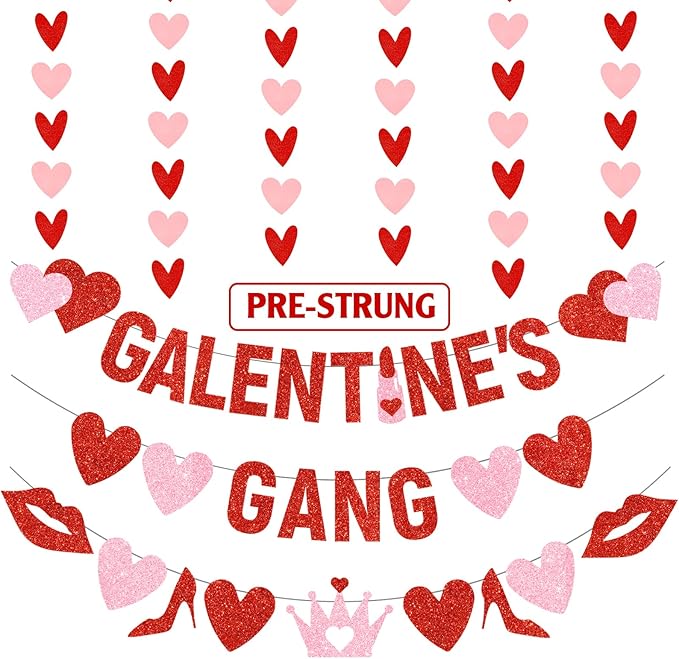 4Pcs Pre-Strung Galentine's Gang Banner, Heart Shaped Banners, Red, 0.2" x 0.2", Indoor, Wall Mount, Standard Banner, Galentine's Day, Home, Room Decorations