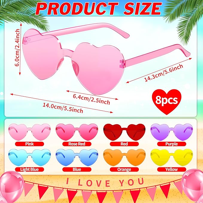 2/4/8/12/20 Pairs Heart Shaped Sunglasses Transparent Heart Glasses Rimless Trendy Eyewear for Valentines Party Favor