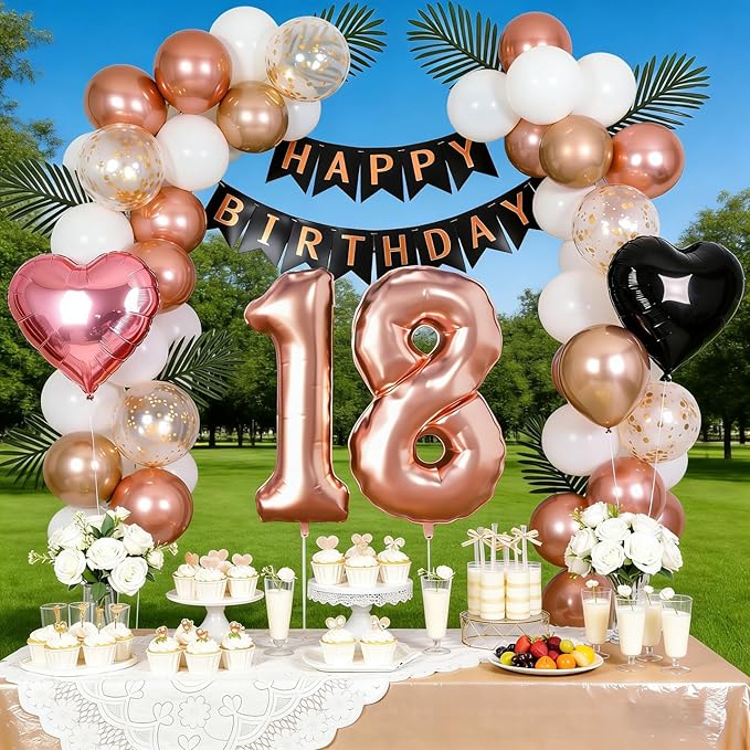 18th Birthday Decorations for Women - Rose Gold, Black and Hot Pink Party Supplies Set with Happy 18th Banner, Number 18 Balloons and Foil Fringe Curtains - 18 Year Old Celebration Kit
