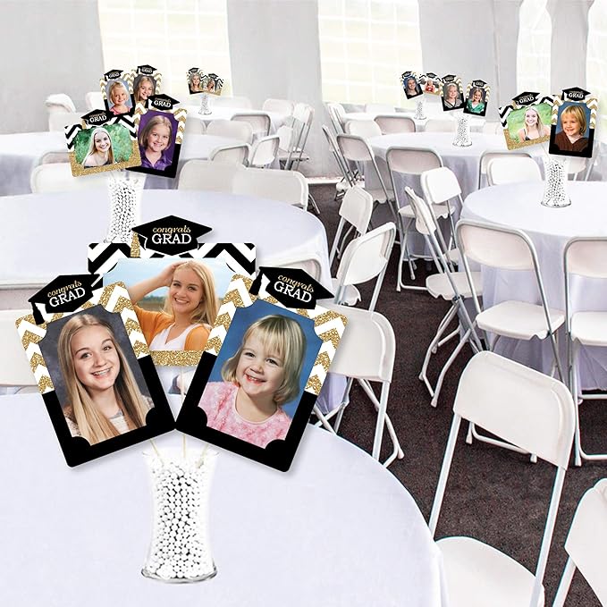 Graduation Photo Display Centerpiece Kit - 15 Double-Sided Photo Table Topper Sticks, Vertical and Horizontal 4x6 Picture Holders, DIY Party Decoration Set - Tassel Worth The Hassle- Gold