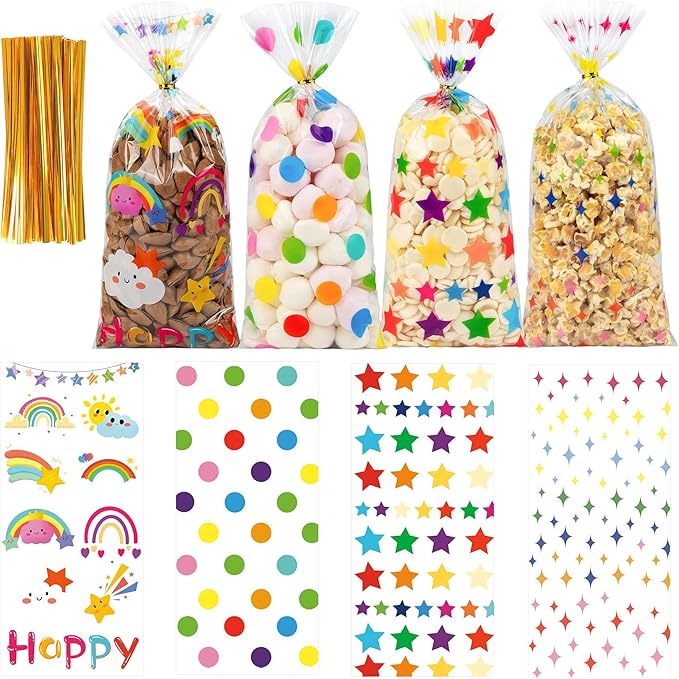 50PCS Rainbow Cellophane Treat Bags: Clear Goodie Bags with 60 Twist Ties for Kids Birthday Party Favors Wrapping, Durable Clear Plastic Gift Bag for Candy Cookies Treat Classroom Return Gifts