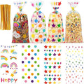 100Pcs Clear Cellophane Treat Bags - 2.8 Mil Thick Plastic Goodie Bags with 110 Twist Ties for Candy, Cookies, Gift Wrapping, Rainbow & Star Clear Gift Bags for Party Favors Classroom Return Gifts