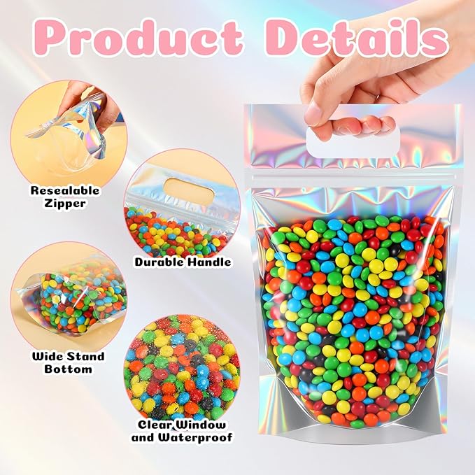 120 Pcs Plastic Gift Bag Bulk 5.5 x 8.7 Inch Resealable Party Goodie Bag with Clear Window Color Favor Pouch with Handle for Home Birthday Wedding Party Candy Gift Wrap Supply (Clear Laser)