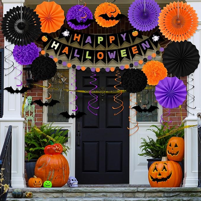 26PCS Halloween Party Decorations, Purple Black Orange Paper Fans Set, Halloween Pompom Banner Garland Fans Hanging Swirls for Trick or Treat Party Decor Accessories Indoor Outdoor Home Decorations