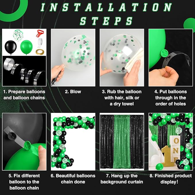 137 Pcs Green Black Party Backdrop Kits- 4 Sequin Curtains Backdrop 133 Balloon Arch Kit, Glitter Photo Background for Graduation Birthday Wedding Anniversary Baby Shower