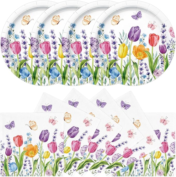 40Pcs Tulip Plates and Napkins Party Supplies, Disposable Spring Floral Plates Napkins Tableware Set for Picnic Wedding Baby Shower Bridal Shower Birthday Tea Party Decorations (Tulip)