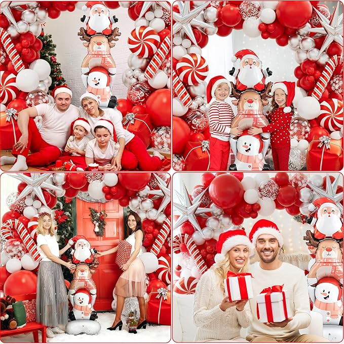 Christmas Balloon Garland Arch kit with Red White Silver Balloons, Confetti Balloons, Candy, Cane, Explosion-Star, Gift Box, santa-claus elk snowman combo Foil Balloons for Xmas Party Decorations