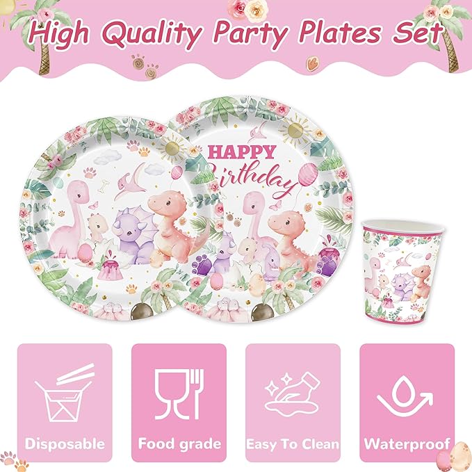 168PCS Dinosaur Party Supllies for Girls Pink Cartoon Dino Birthday Party Decorations Watercolor Dino Plates Cups Napkins Cups Forks Knives and Straws Tableware Set for 24 Guests