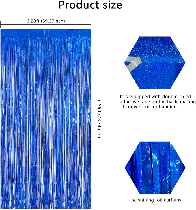 Navy Blue Foil Fringe Backdrop for Party Wall Decorations, Streamer Birthday Photoshoot Background - 3.28 x 6.56ft Tinsel Curtains for Doorway, Baby Shower & Wedding