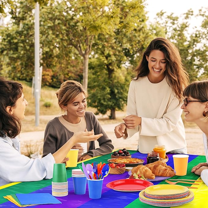 ADXCO Rainbow Party Decorations Include Rainbow Paper Plates, Cups, Napkins, Cutlery & Waterproof Tablecloth for 24 Guests