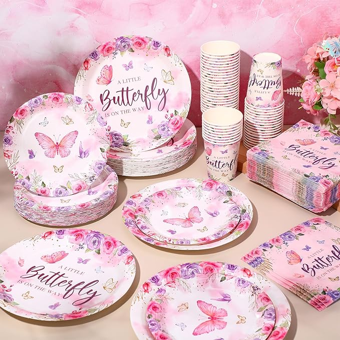 250 Pcs Butterfly Baby Shower Party Tableware Set a Little Butterfly Is on the Way Baby Shower Decorations Pink Purple Floral Paper Plates Napkins and Cups for 50 Guest(Cute Style)