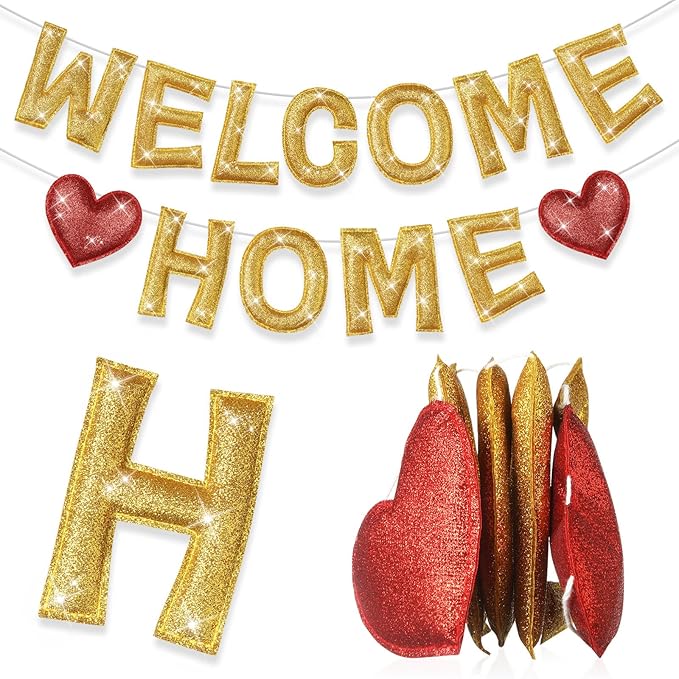 Tegeme Felt Welcome Home Banner, Pre-strung Glitter Welcome Garland Reusable Colorful Rainbow Decoration for Woman, Man Party Photo Prop(Yellow)