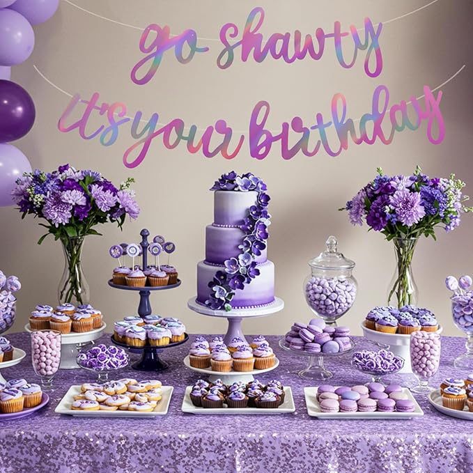 BEISHIDA Go Shawty It's Your Birthday Banner NO DIY Hip Hop Theme Happy Birthday Banner Pre-Strung Rap Theme Happy Birthday Sign for Man Women birthday Party Supply Double-Sided Rainbow Purple