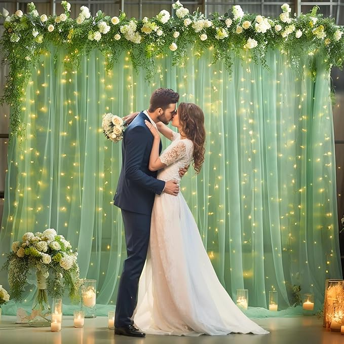 20ft x 10ft Green Backdrop Curtain with Lights String for Parties, Sheer Tulle Wedding Photo Backdrops Drapes for Baby Shower Birthday Party Decorations Background for Photography