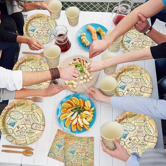 Yungyan 252 Pcs Travel Plates and Napkins Set Around the World Themed Party Supplies Disposable Voyage Travel Paper Napkins Plates Cups Airplane Adventure Retirement Party Decorations Serves 36 Guests