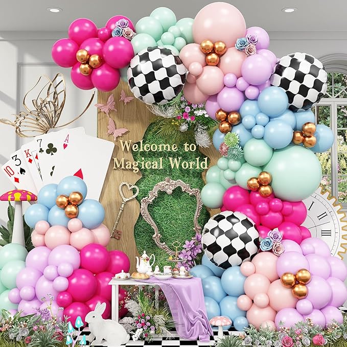 Pink Blue Green Balloons Garland Arch Kit, 125Pcs Pastel Pink Blue Purple Balloons, Dusty Green Hot Pink Gold Balloon Checkered Foil Balloon for Princess Fairy Birthday Spring Garden Tea Party Decor