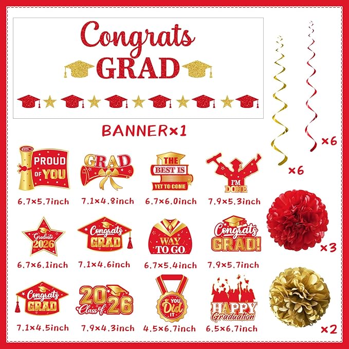 Red Graduation Decorations, Glitter Congrats Grad Banner Hanging Swirls and Tissue Pom Poms, Red and Gold Graduation Decorations for Class of 2026 College Graduations Party Decorations