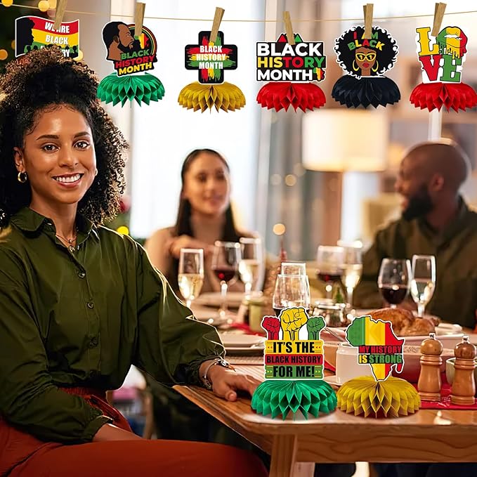 JULMELON 8PCS Black History Month Table Decorations, 3D Double Sided Black History Month Table Centerpieces, African American Black History Month Honeycomb Office Decor for Party