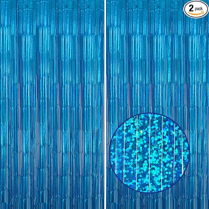 2 Pack Foil Fringe Backdrop - Laser Blue Shiny Tinsel Curtains for Party Decoration/Photo Booth Props - 3.3x6.6 FT Metallic Foil Backdrop for Birthday, Wedding, Graduation, Christmas.
