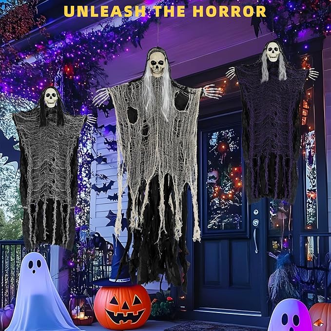 Halloween Decorations Outdoor/Indoor,Set of 3 Scary Hanging Ghosts,Halloween Grim Reaper Skeleton, Scary Party Decorations,Haunted House Decor for Yard/Lawn/Garden.