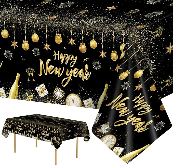 2 Pcs Happy New Years Tablecloth Plastic - Black Gold New Years Eve Party Supplies 2026 Table Cloth, Disposable Large Happy New Year Table Cover for 2026 New Year Party Tables Decorations, 54x108 Inch