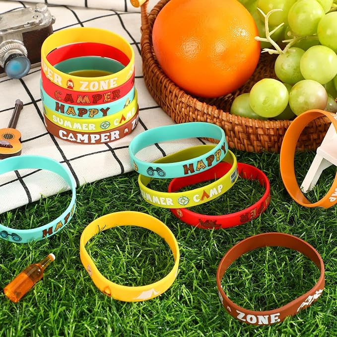 JUNEBRUSHS 42pcs Camping Party Favors Silicone Bracelets for Adults Camping Adventure Birthday Party Decorations Gift Supplies