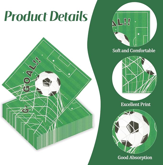 50Pcs Soccer Napkins, Disposable Soccer Birthday Party Decorations Soccer Themed Napkins for Sports Party Supplies Table Decor