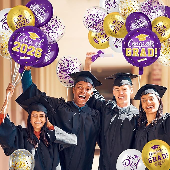 Purple and Gold Graduation Balloons Graduation Decorations 2026, 51Pcs Grad Latex Balloons and Grad Foil Balloon with Confetti Ribbons Grad Party Decorations for College High School