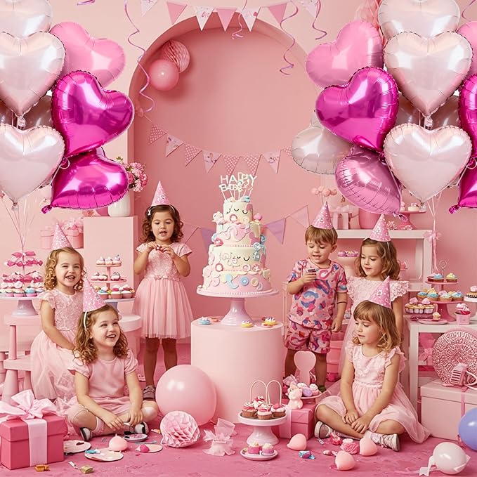 TONIFUL 30Pcs 18 Inch Rose Hot Pink Light Pink Balloons Heart Shape Foil Mylar Banners Decoration for Birthday Valentine's Day Wedding Bridal Shower Anniversary Engagement Party Supplies