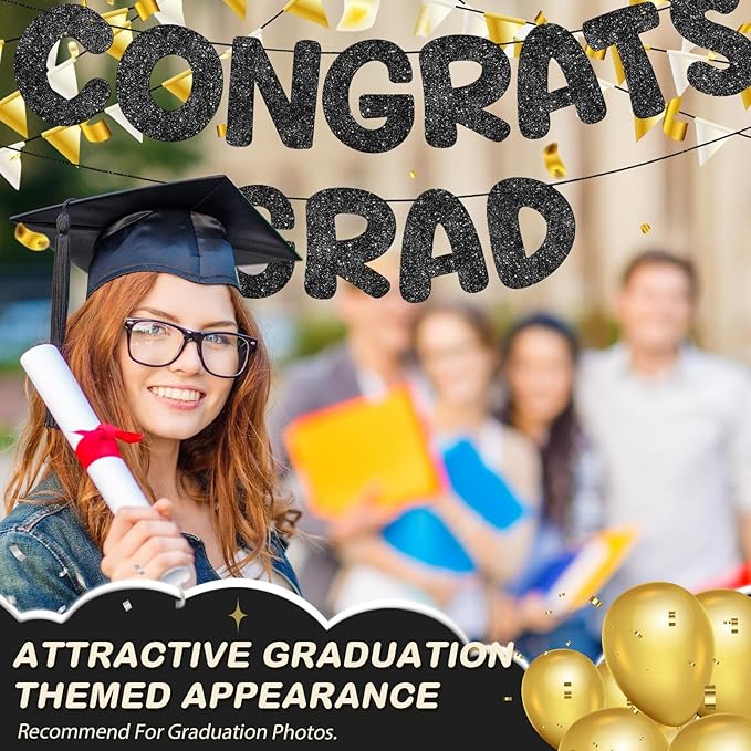 Fulmoon Pre Strung Congrats Grad Banner Glitter Congratulations Banner College Graduation Sign Class of 2026 Grad Party Decorations for High School University Graduation Party Favor(Black)