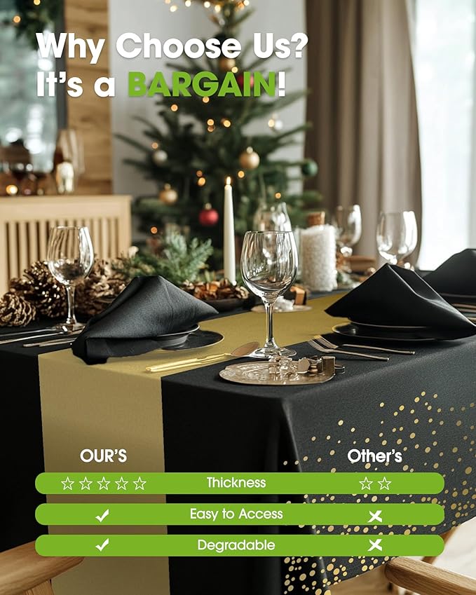 Pureegg Plastic Table Cloth Disposable 10 Pack, 54 x 108 Inch, Table Runner Style, Graduation Decorations 2026, Party Tablecloths, Rectangle, Plastic Cover, Leakproof & Sturdy, Black Gold