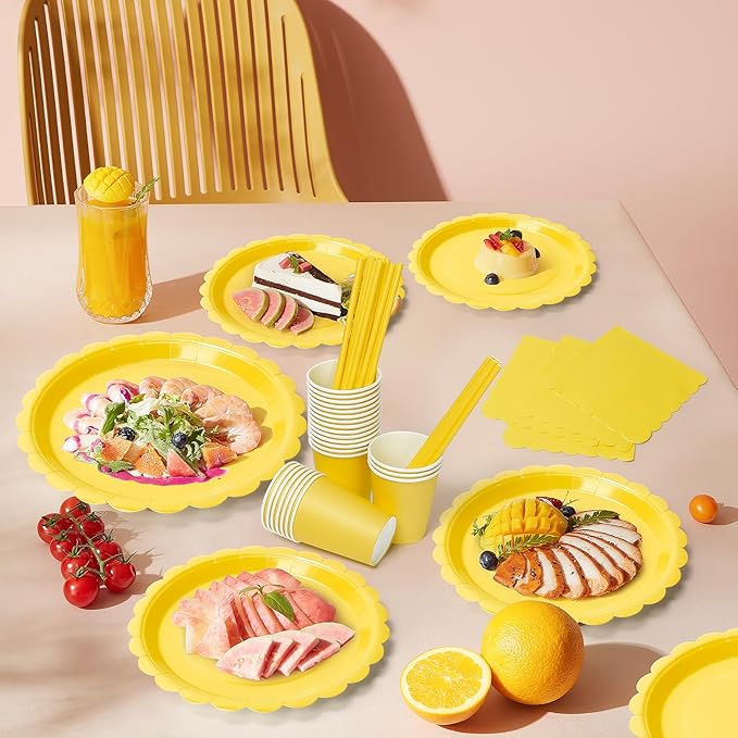 168PCS Party Plates, Scalloped Gingham Paper Plates and Cups and Napkins Sets Party Supplies for Birthday Wedding Bridal Shower Baby Shower Picnic, Serve for 24 Guests (Yellow Scalloped)