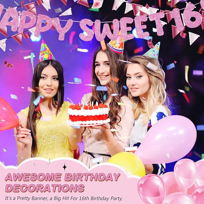 Fulmoon Pre Strung Happy Sweet 16 Banner Glitter Sixteenth Birthday Party Decorations 16th Party Sign Sweet 16 Party Decorations for Birthday Party Bachelorette Party(Pink)