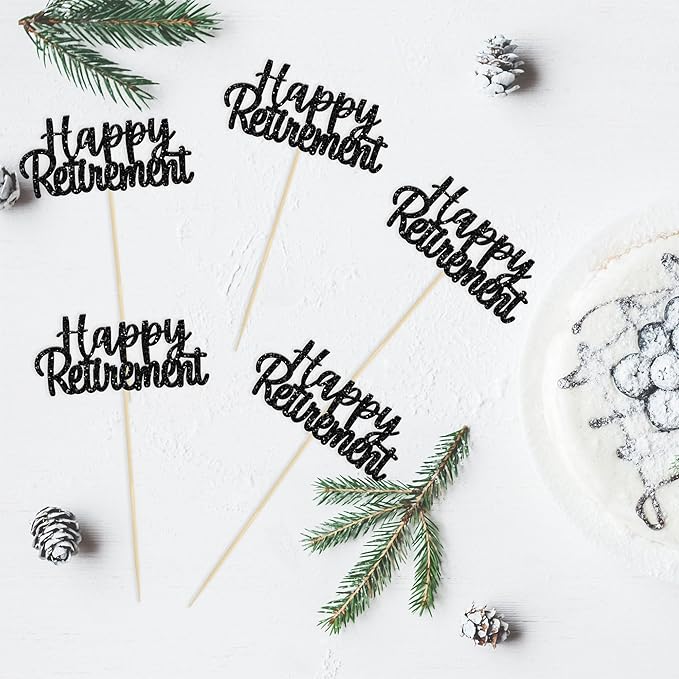 Gyufise Black Glitter Happy Retirement Cupcake Toppers Retired Cake Decorations for Retirement Party Cake Decorations 36 Pack
