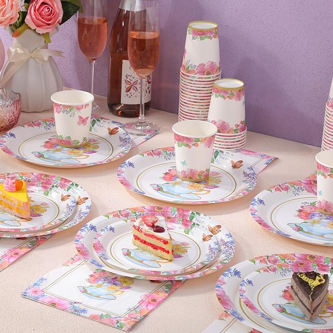 Pickmesh 250 Pcs Tea Party Disposable Tableware Set Paper Plates and Napkins Cups Supplies Tea Party Theme Dinner Dinnerware for Birthday Bridal Baby Shower wedding Decoration Serves 50