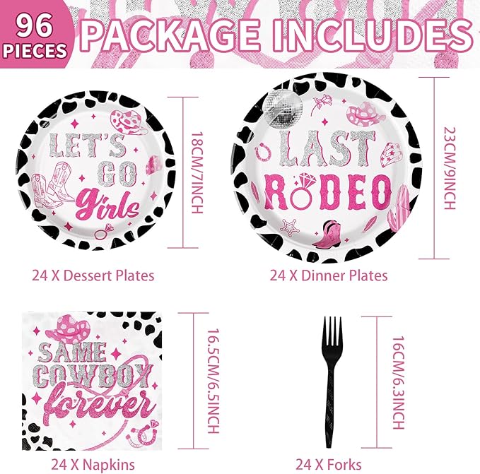96Pcs Last Rodeo Bachelorette Party Decorations Pink & Silver Disco Cowgirl Plates and Napkins Let's Go Girls Party Decorations for Nashville Western Bridal Baby Shower Birthday Supplies,Serves 24