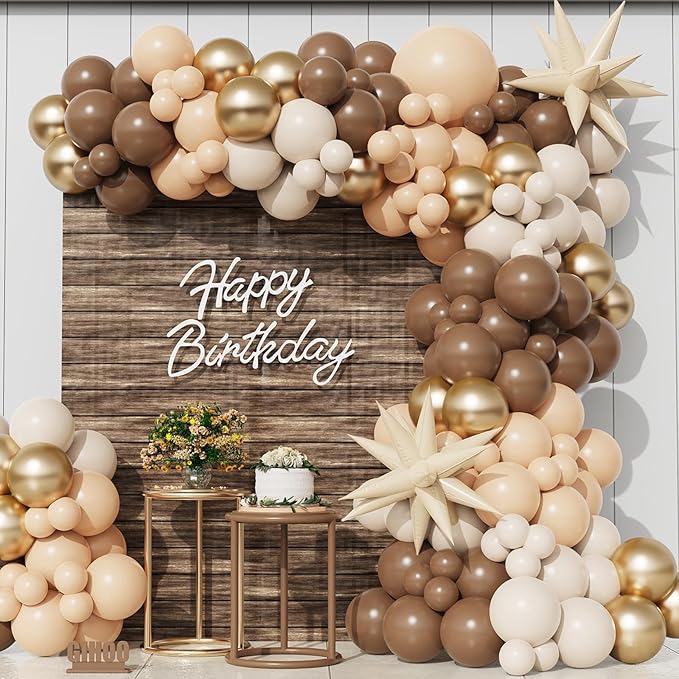 Neutral Balloon Arch Kit 148Pcs Boho Brown Sand White and Gold Latex Balloon Garland with Cream Star Foil Balloon for Nude Birthday Baby Shower Wedding Party Decorations