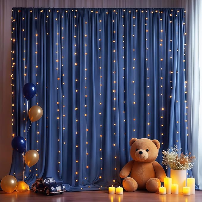 Navy Blue Backdrop Curtains with Lights for Parties,10x10FT Wrinkle Free Wedding Photo Backdrop Curtains for Baby Shower Birthday Graduations Home Party Decorations-5ft x 10ft