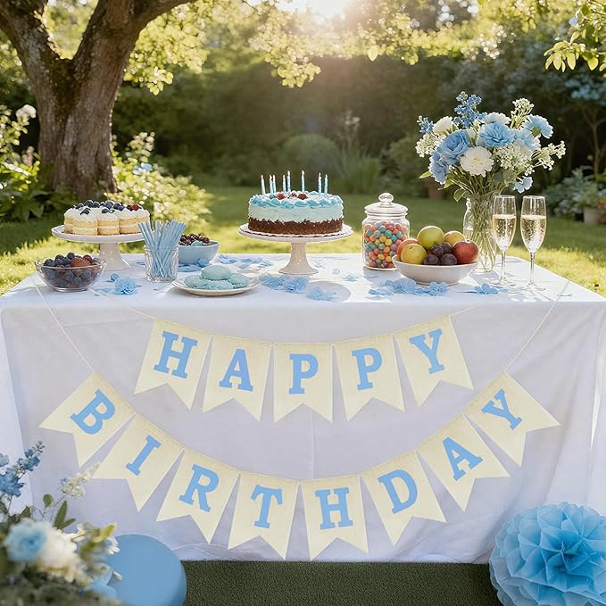 Anwyll Happy Birthday Banner - NO DIY Burlap Happy Birthday Banner Sign Happy Birthdays Party Decoration Happy Birthdays Banners Bunting for Men Boy Prince Celebration Party Backdrops (Blue)