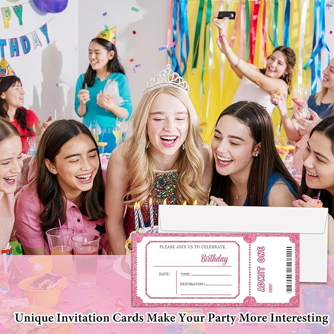 Pink Glitter Birthday Invitation Ticket, Glitter Invitation for Girls Teens, 20 Ticket With Envelopes, 3.5 x 8 inch Double-Sided Fill In Birthday Party Personalized Invites Cards - C