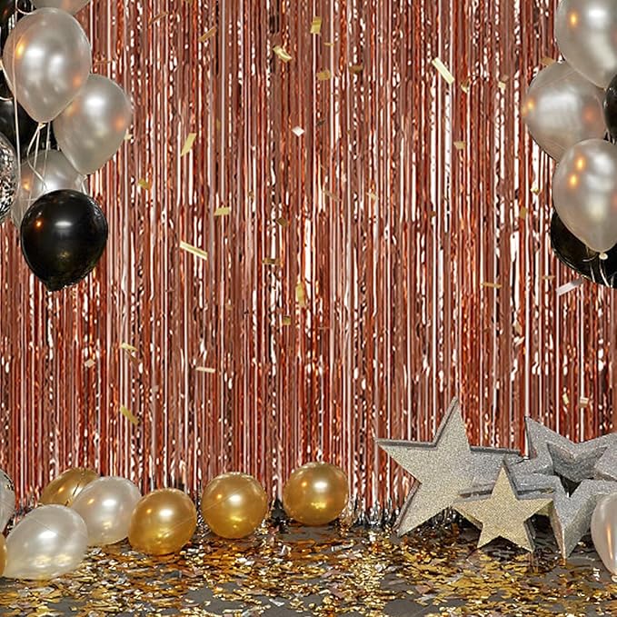 2 Pack Foil Fringe Backdrop - Rose Gold Shiny Tinsel Curtains for Party Decoration/Photo Booth Props - 3.3x6.6 FT Metallic Foil Backdrop for Birthday, Wedding, Graduation, Christmas.
