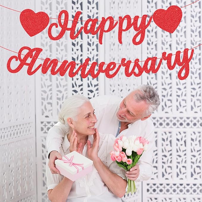 Red Glitter Happy Anniversary Banner - Pre-Strung Cardboard Letter Sign with Heart Garland for Couples Wedding Anniversary Love Party Supplies, and Romantic Special Night Bedroom Decorations
